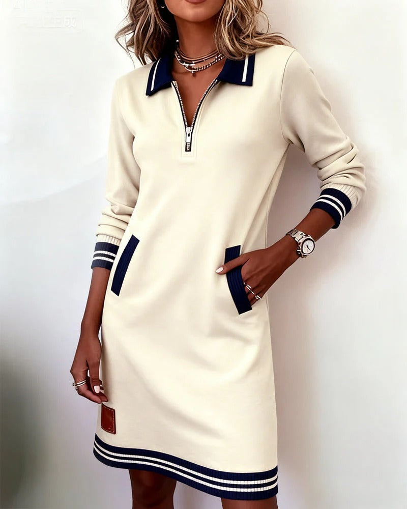 Chic long sleeve zip-front midi dress with pockets for Women | Elina Core