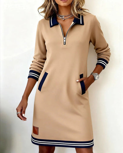 Chic long sleeve zip-front midi dress with pockets for Women | Elina Core