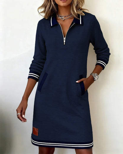 Chic long sleeve zip-front midi dress with pockets for Women | Elina Core