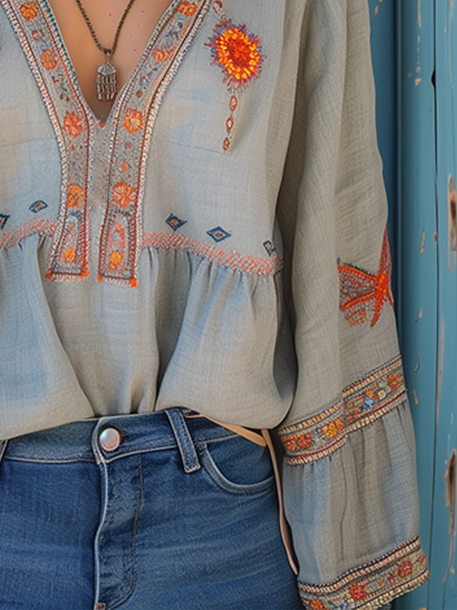Bohemian embroidered V-neck airy blouse for women | Sienna Bloom -5