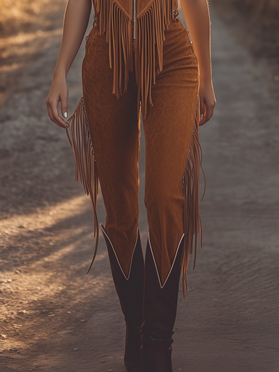Western-inspired fringed vest jumpsuit with zip front for Women | Sorella