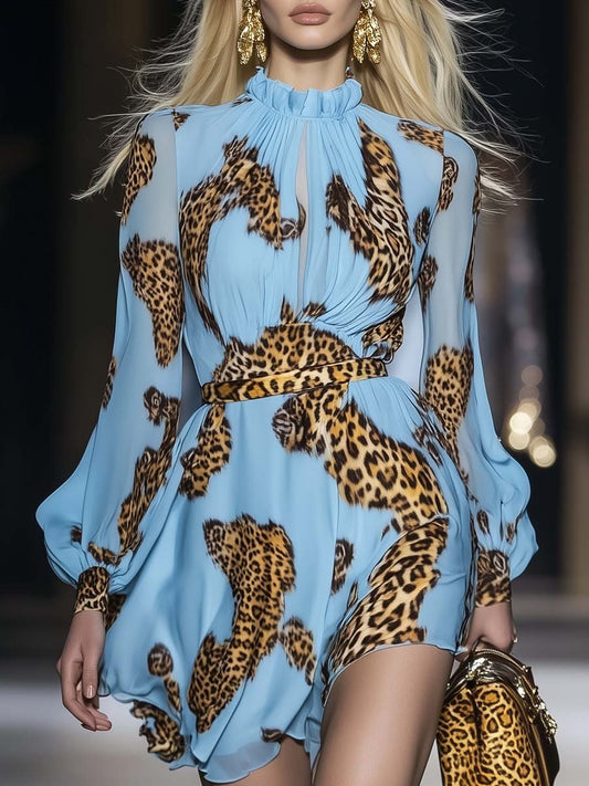 Leopard print chiffon mini dress in sky blue for Women | Kaelira