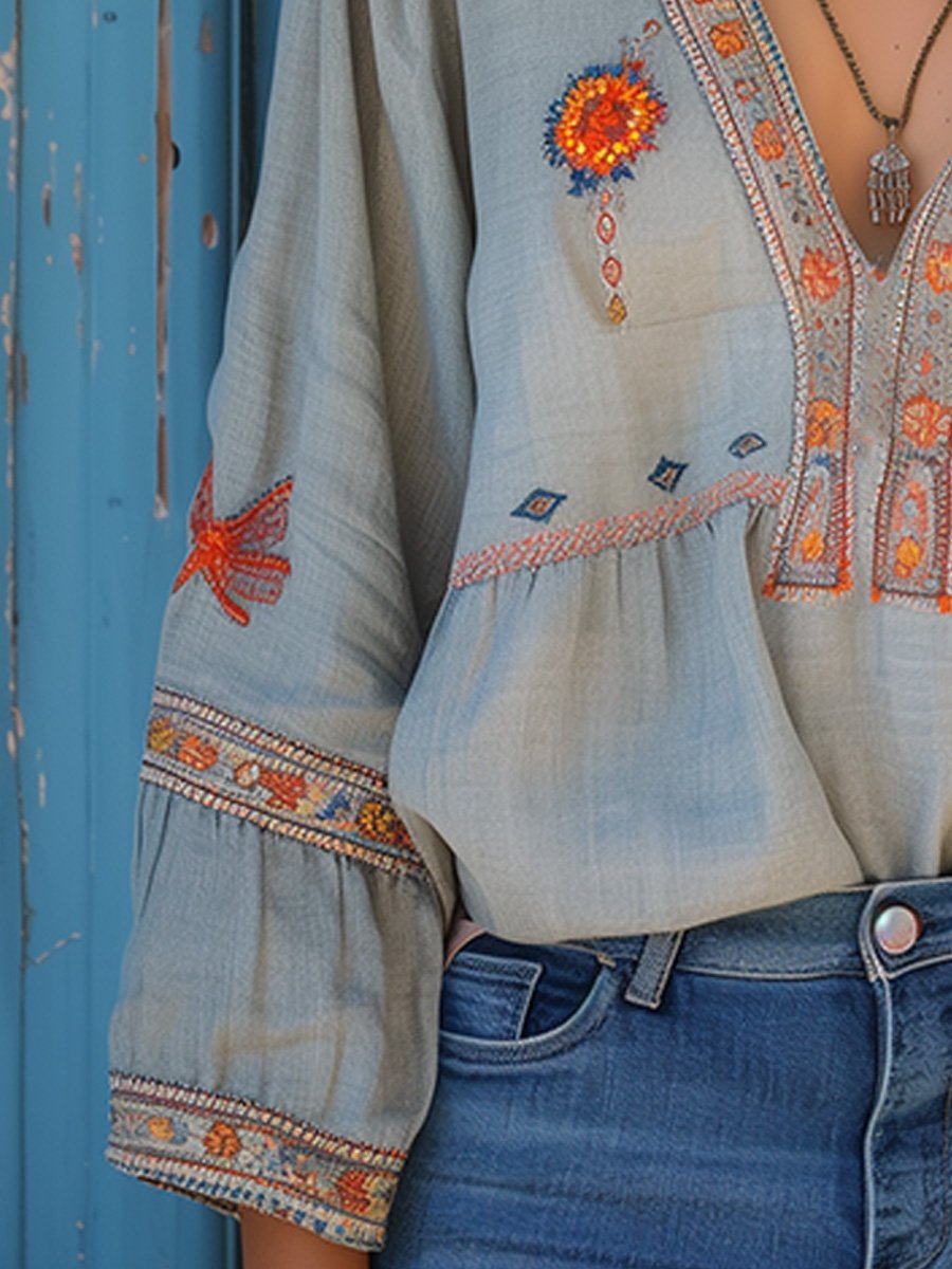Bohemian embroidered V-neck airy blouse for women | Sienna Bloom -4