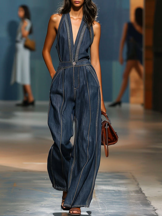 Retro sleeveless wide-leg denim jumpsuit for Women | Zarelle