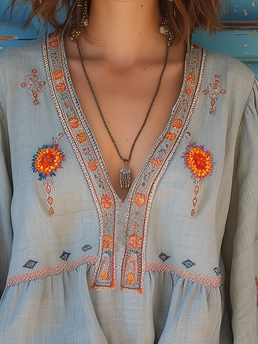 Bohemian embroidered V-neck airy blouse for women | Sienna Bloom -2
