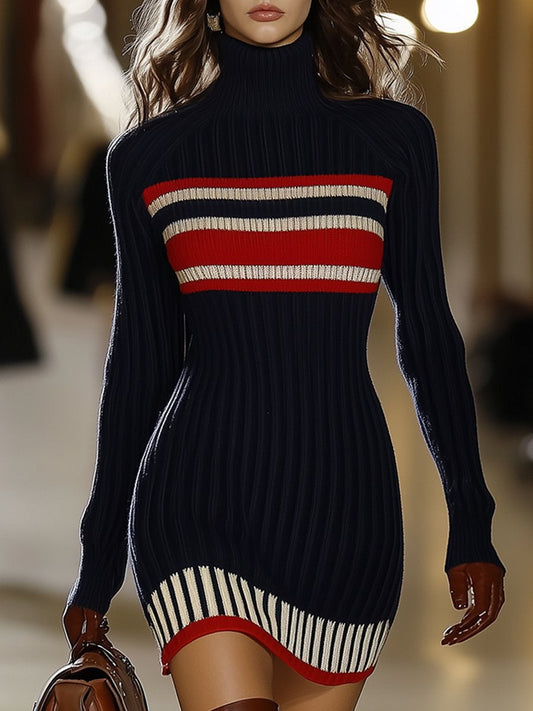 Retro striped high-collar knit dress for Women | Marivelle