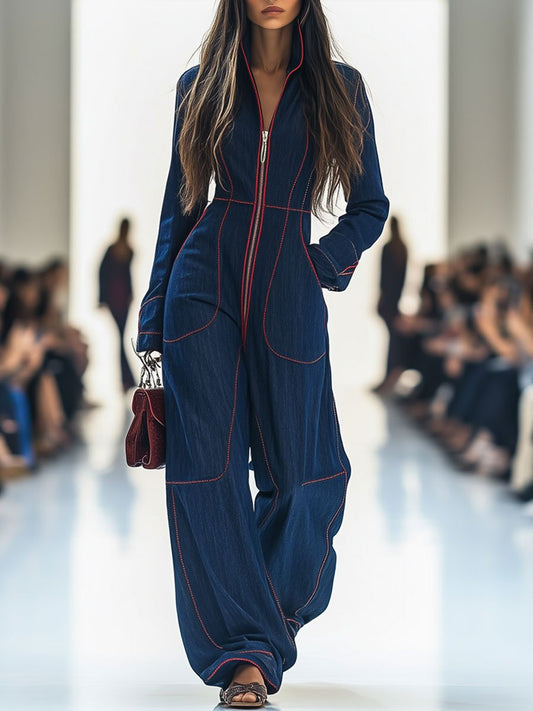 Retro wide-leg denim jumpsuit with contrast stitching for Women | Rosmira