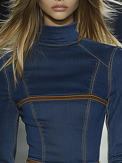 Artistic blue denim mini dress with contrast stitching for Women | Calista