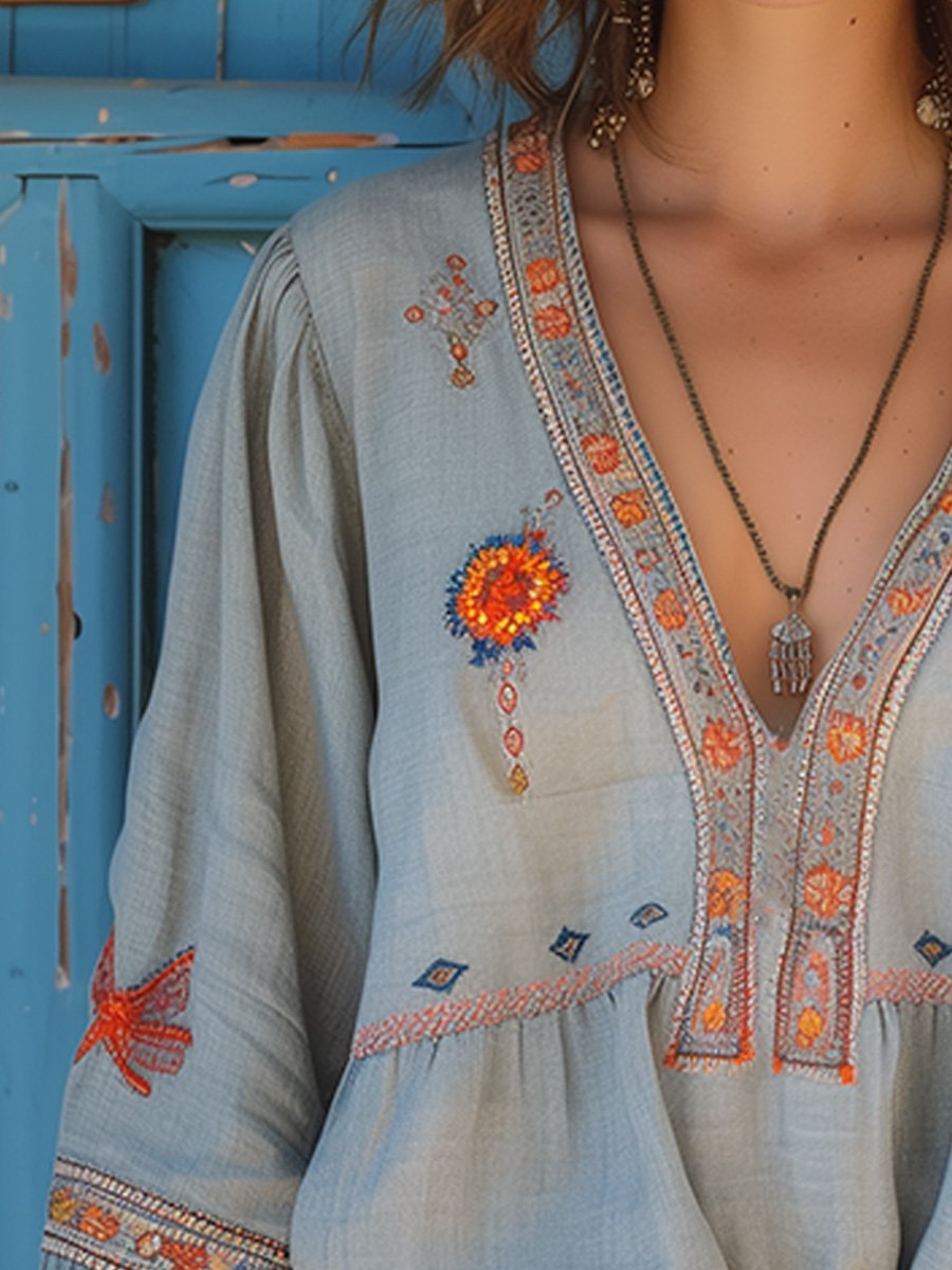 Bohemian embroidered V-neck airy blouse for women | Sienna Bloom -3