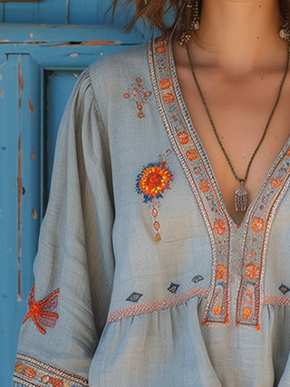 Bohemian embroidered V-neck airy blouse for women | Sienna Bloom -3