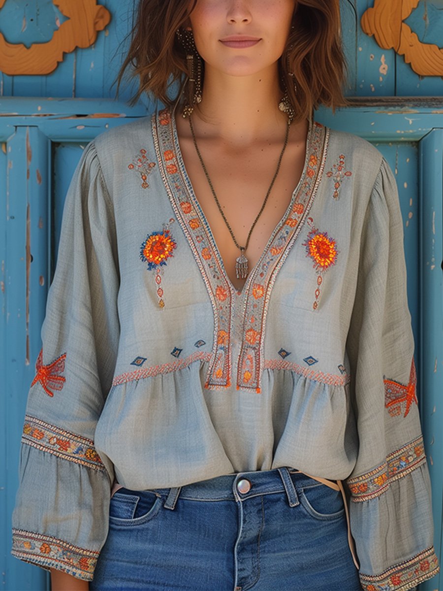 Bohemian embroidered V-neck airy blouse for women | Sienna Bloom -1
