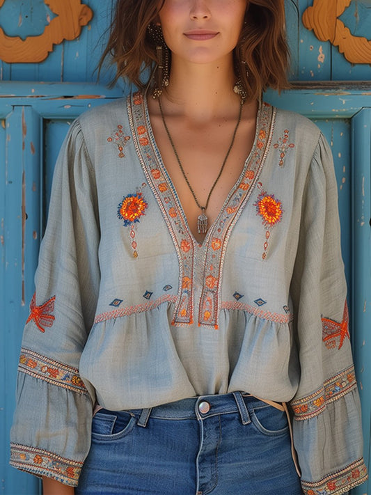 Bohemian embroidered V-neck airy blouse for women | Sienna Bloom -1