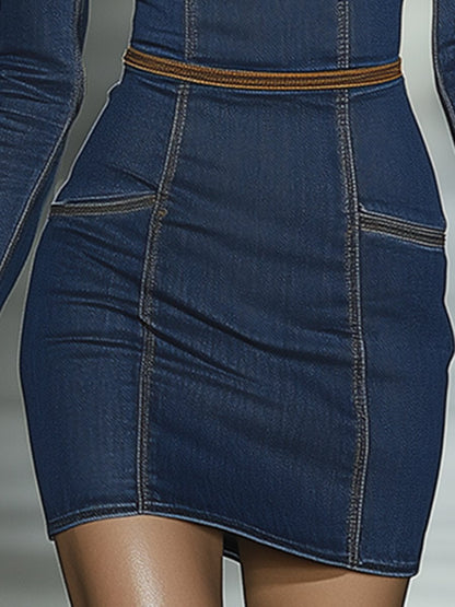 Artistic blue denim mini dress with contrast stitching for Women | Calista