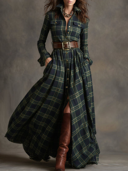 Retro plaid lapel-collar belted maxi dress for women | Marzena -2