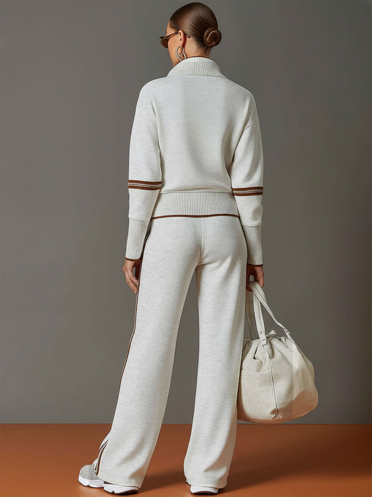 Retro half-zip sweatshirt and wide-leg trousers set for women | Vireon -5