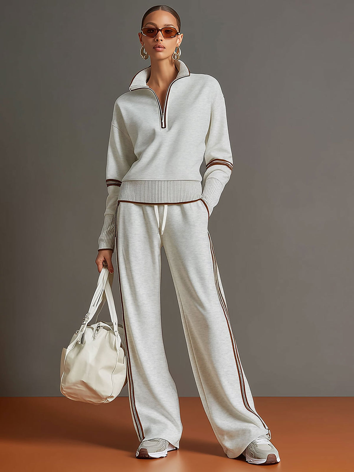 Retro half-zip sweatshirt and wide-leg trousers set for women | Vireon -4