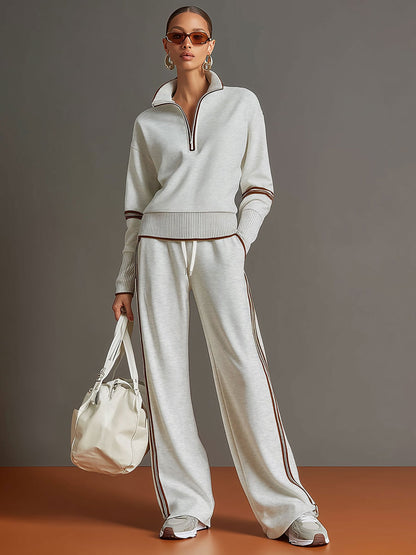 Retro half-zip sweatshirt and wide-leg trousers set for women | Vireon -4