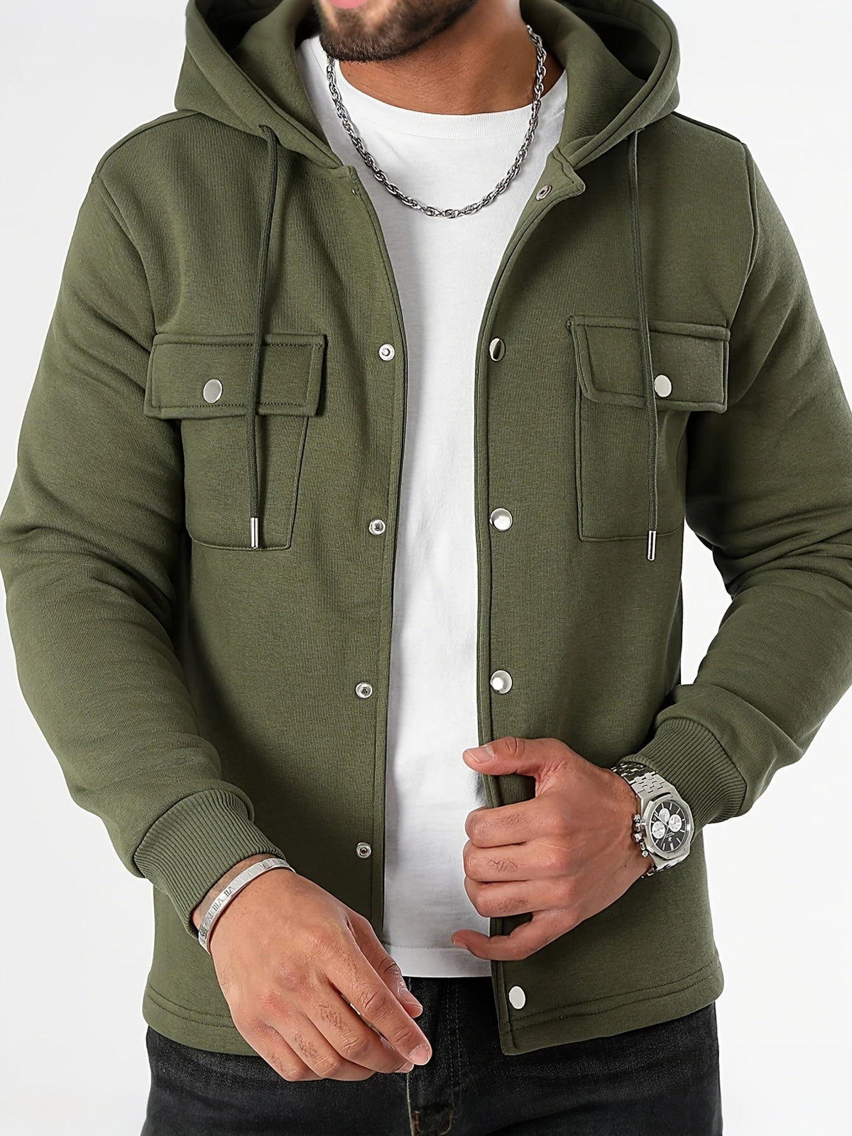Veylan | Men's Button Front Hooded Jacket with Cargo Pockets