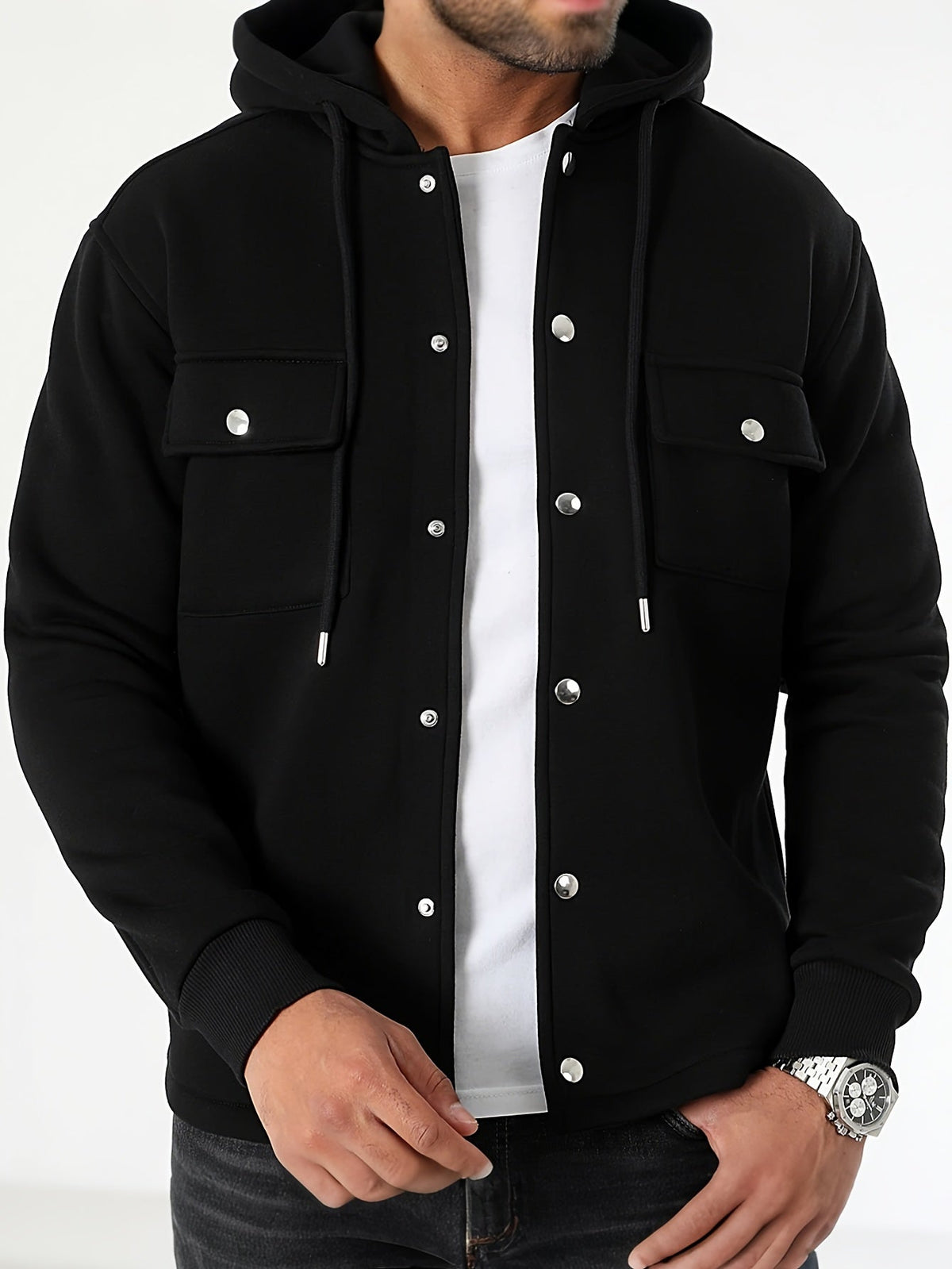 Veylan | Men's Button Front Hooded Jacket with Cargo Pockets