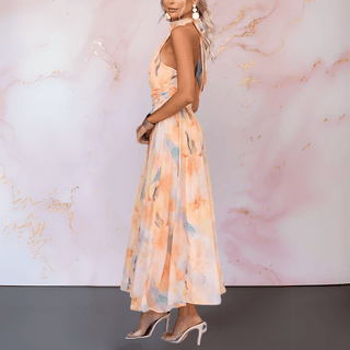 Halterneck watercolour print midi dress for women | Esther -4