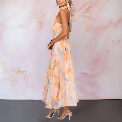 Halterneck watercolour print midi dress for women | Ariana -4