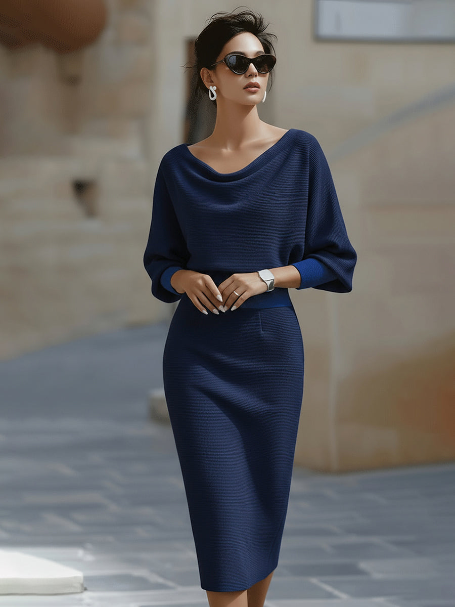 Draped batwing cowl-neck midi dress for women | Selvara -8