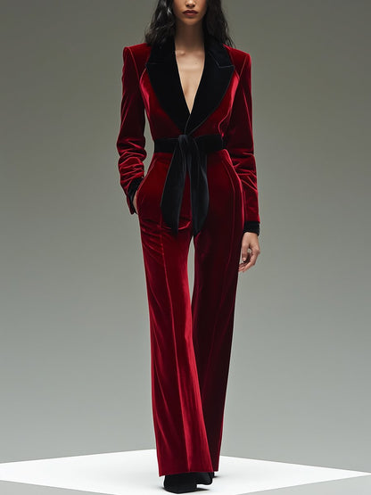 Colorblock velvet jumpsuit with lapel and belt for Women | Velmora