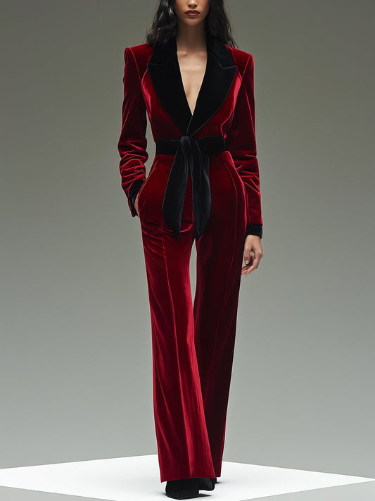Colorblock velvet jumpsuit with lapel and belt for Women | Velmora