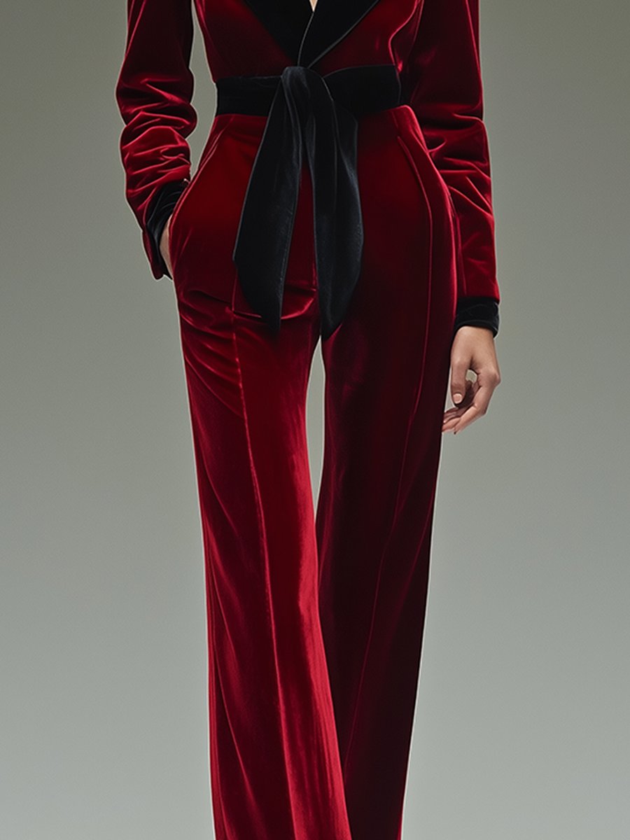 Colorblock velvet jumpsuit with lapel and belt for Women | Velmora