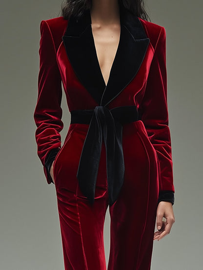 Colorblock velvet jumpsuit with lapel and belt for Women | Velmora