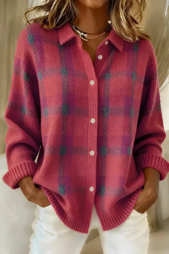 Plaid knit everyday button cardigan for women | Denise -5