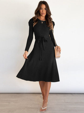 Elvara | Women's Ribbed Knit Midi Dress with Tie Belt