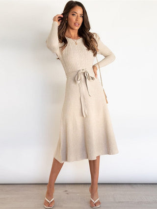 Elvara | Women's Ribbed Knit Midi Dress with Tie Belt