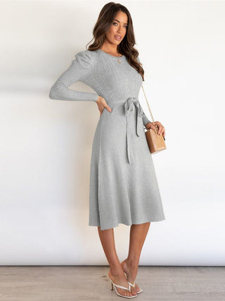 Elvara | Women's Ribbed Knit Midi Dress with Tie Belt