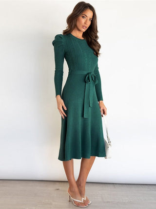 Elvara | Women's Ribbed Knit Midi Dress with Tie Belt