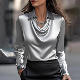 Draped-neck satin everyday blouse for women | Valentina -1