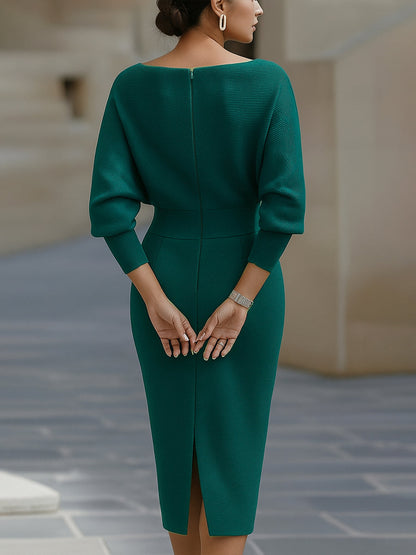 Draped batwing cowl-neck midi dress for women | Selvara -7