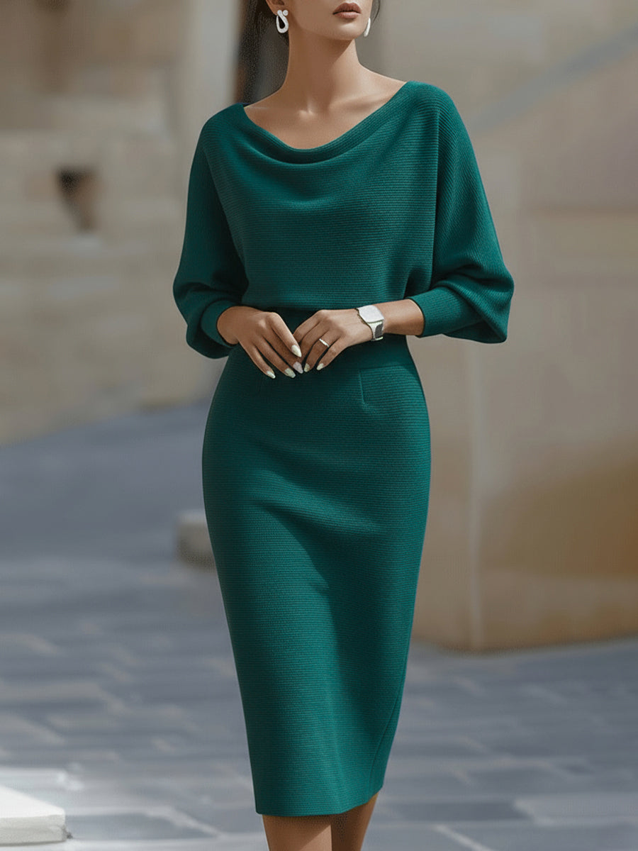 Draped batwing cowl-neck midi dress for women | Selvara -6