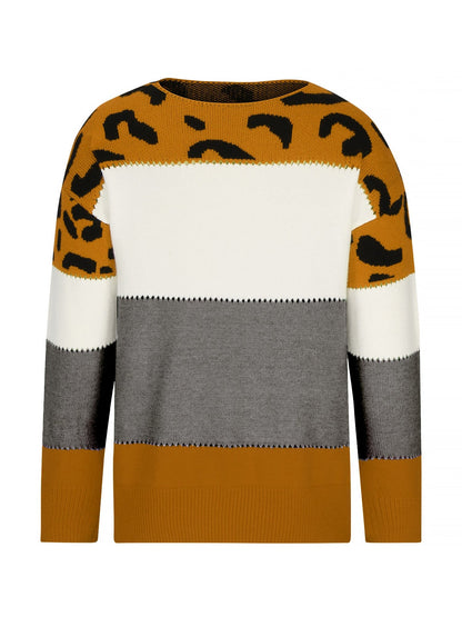 Valora | Women's Leopard Print Color Block Knit Sweatshirt