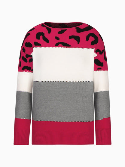 Valora | Women's Leopard Print Color Block Knit Sweatshirt