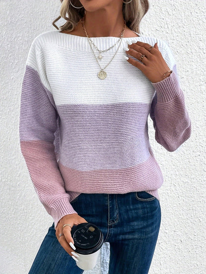 Elvara | Women's Color Block Crewneck Knit Sweatshirt
