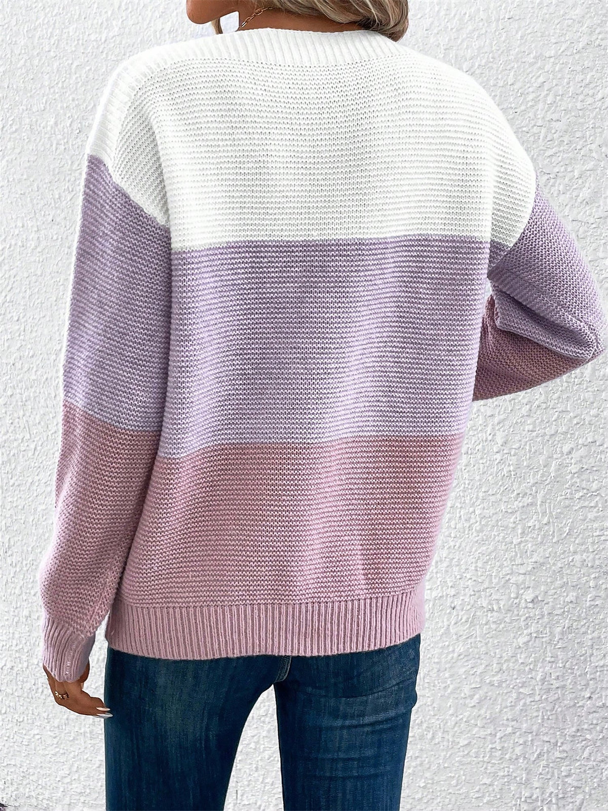 Elvara | Women's Color Block Crewneck Knit Sweatshirt