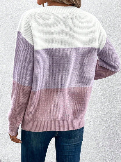 Elvara | Women's Color Block Crewneck Knit Sweatshirt