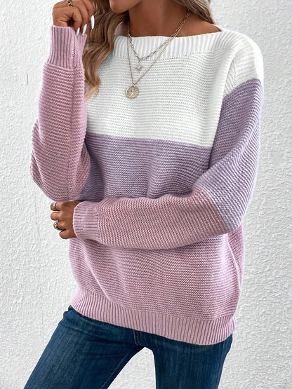 Elvara | Women's Color Block Crewneck Knit Sweatshirt