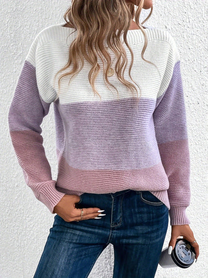 Elvara | Women's Color Block Crewneck Knit Sweatshirt