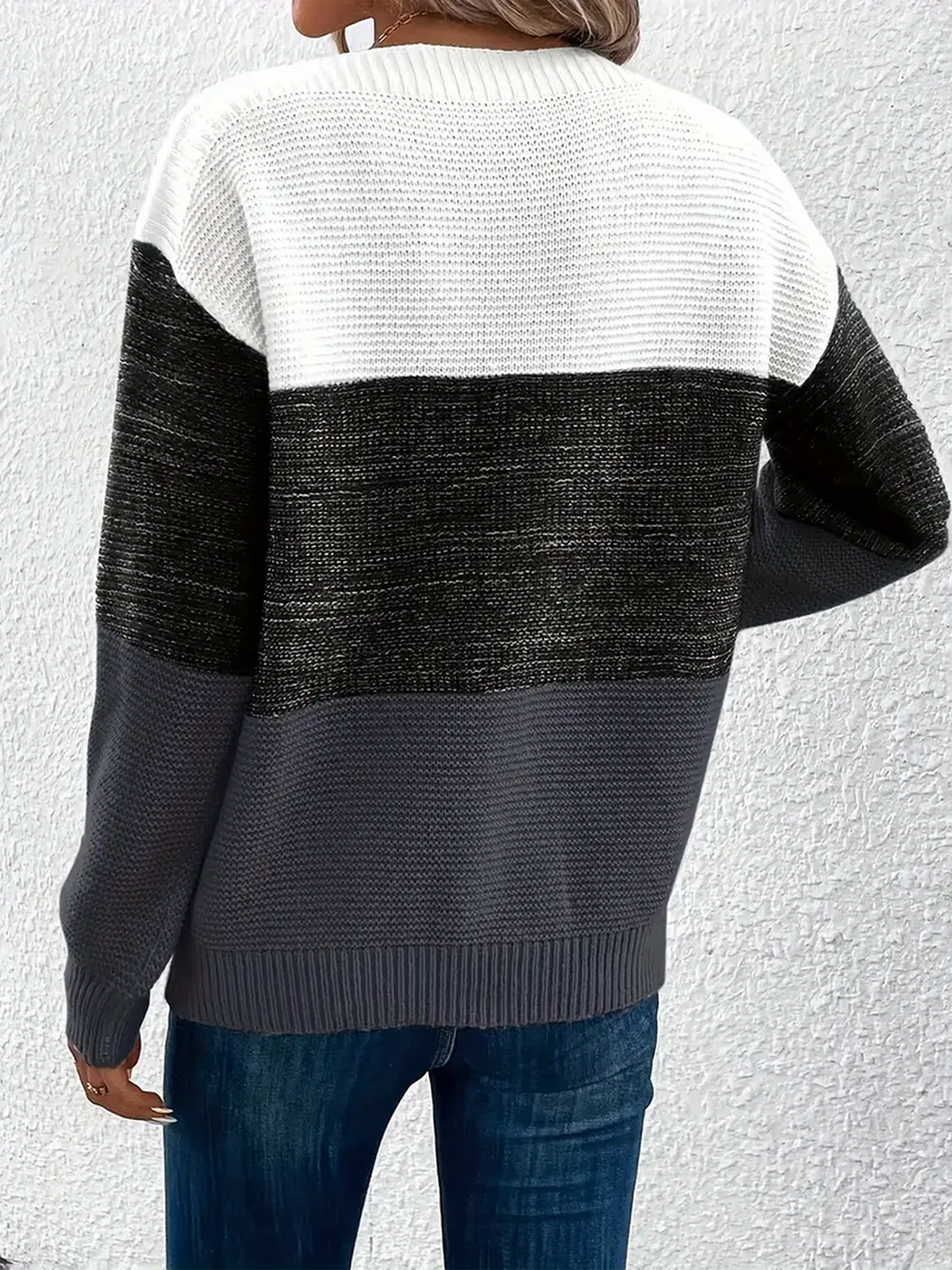 Elvara | Women's Color Block Crewneck Knit Sweatshirt