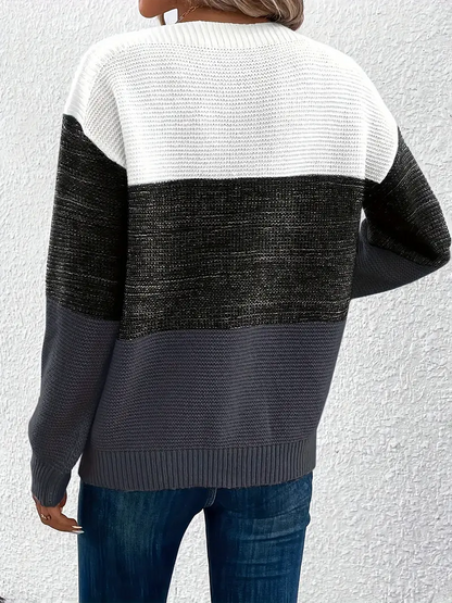 Elvara | Women's Color Block Crewneck Knit Sweatshirt