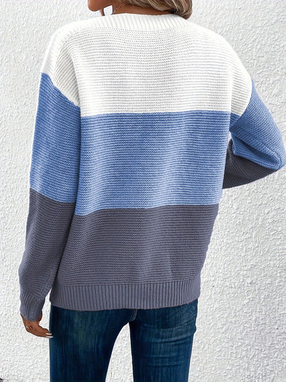Elvara | Women's Color Block Crewneck Knit Sweatshirt
