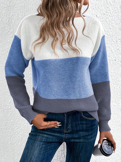 Elvara | Women's Color Block Crewneck Knit Sweatshirt
