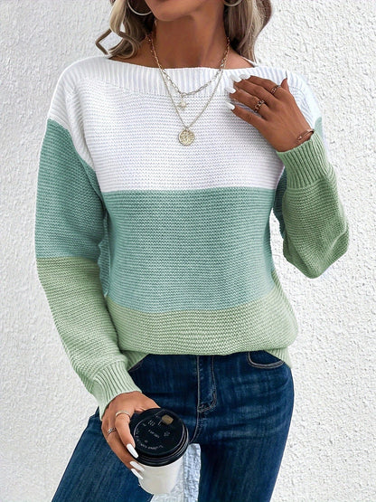 Elvara | Women's Color Block Crewneck Knit Sweatshirt